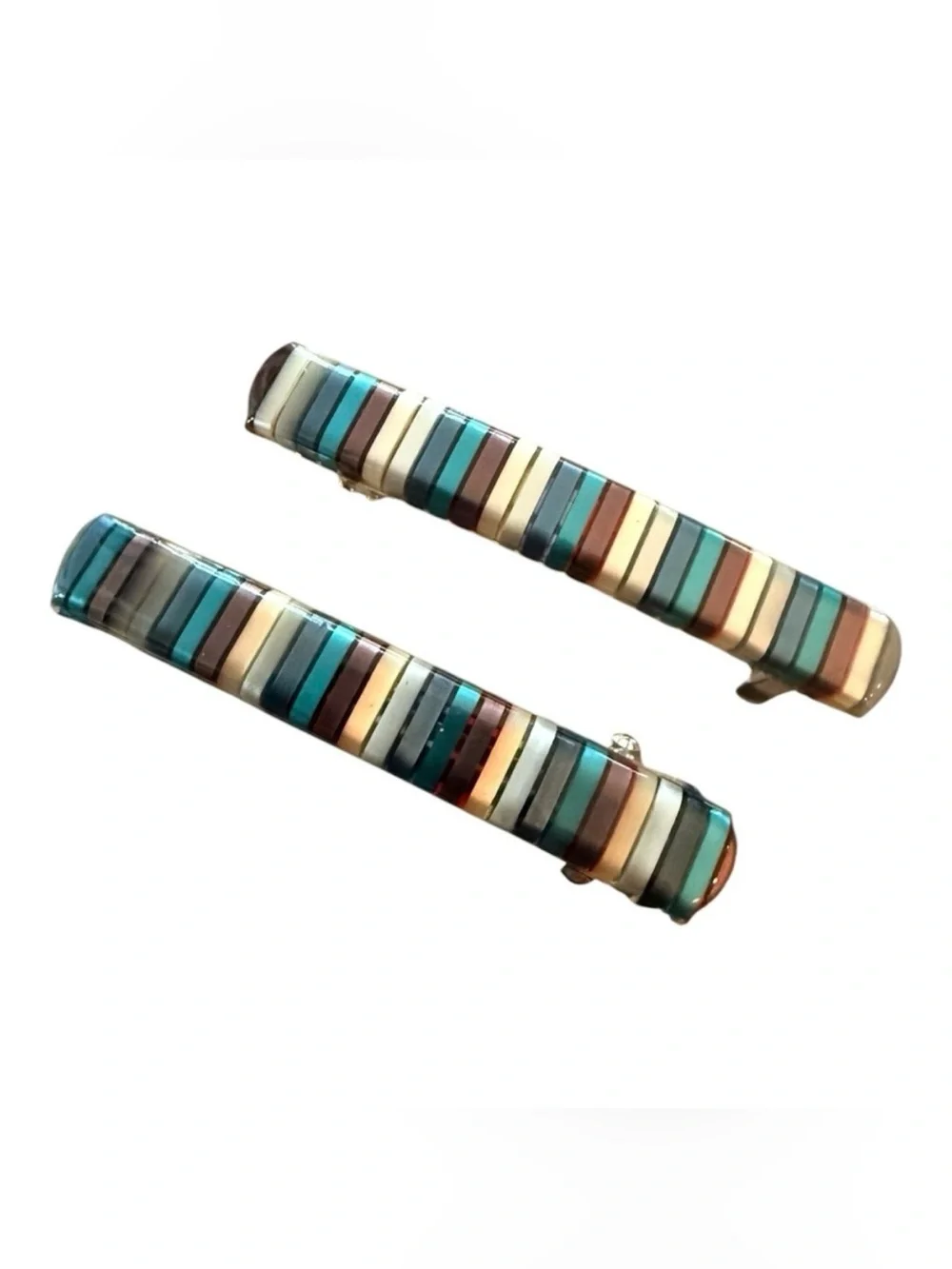 1970’s Multi Colored Striped French Barrettes Hair Clips,  Blue, Deadstock, Made